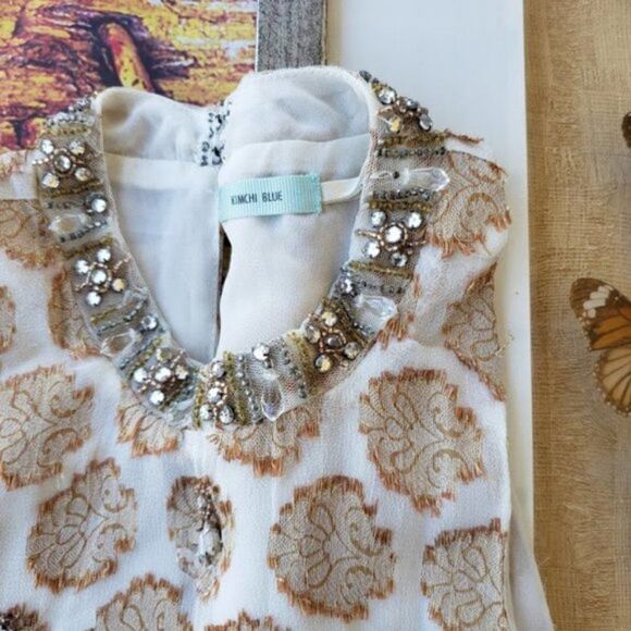 UO Kimchi Blue Chanderella Jacquard Embellished Beaded Metallic Peplum Top S - Picture 5 of 12